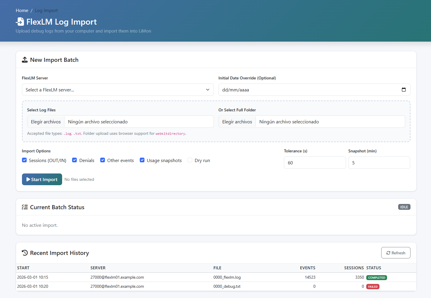 LiMon log import screen with batch creation, import options, and history