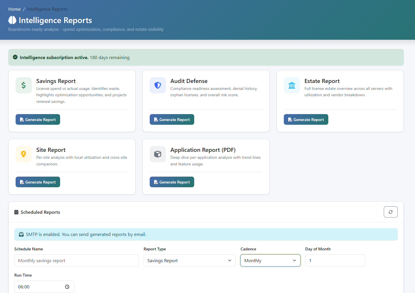 LiMon intelligence reports page with report templates and scheduled reports